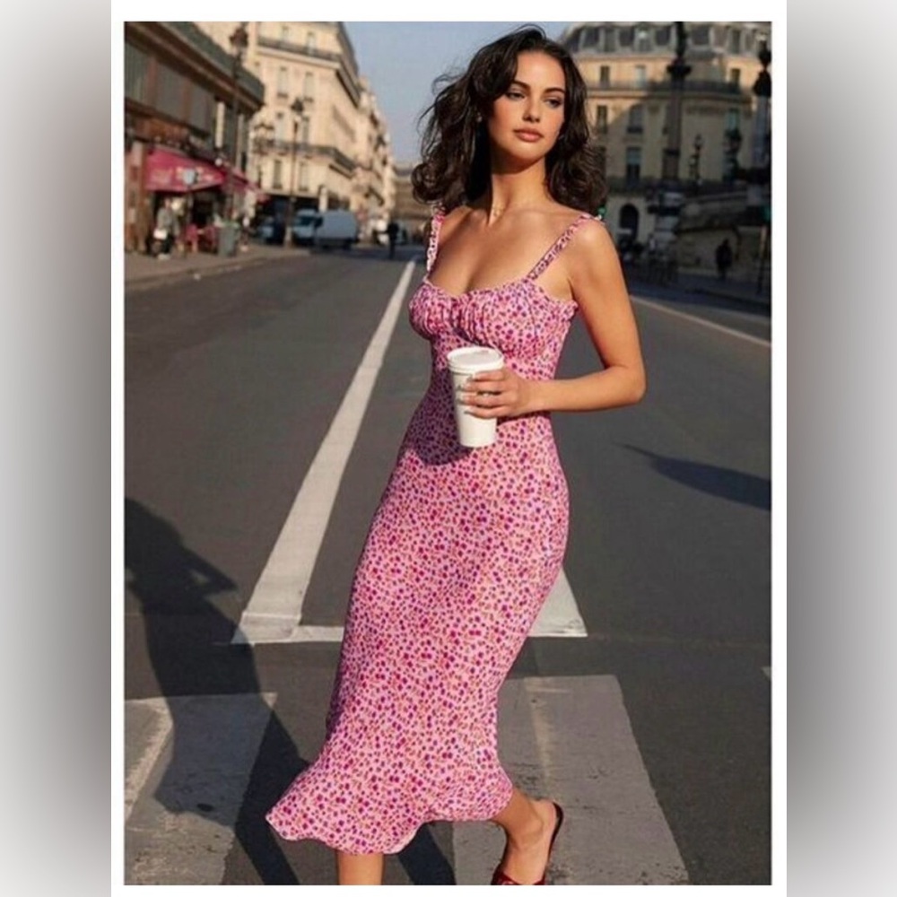 Commense Ruched Detail Cami Floral Bohemian Vacation‎ Midi Sundress Size M